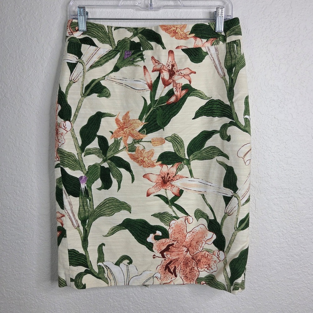 Ann Taylor Pencil Skirt 6 Cream Lily Floral Cotton Stretch Garden Party Boho